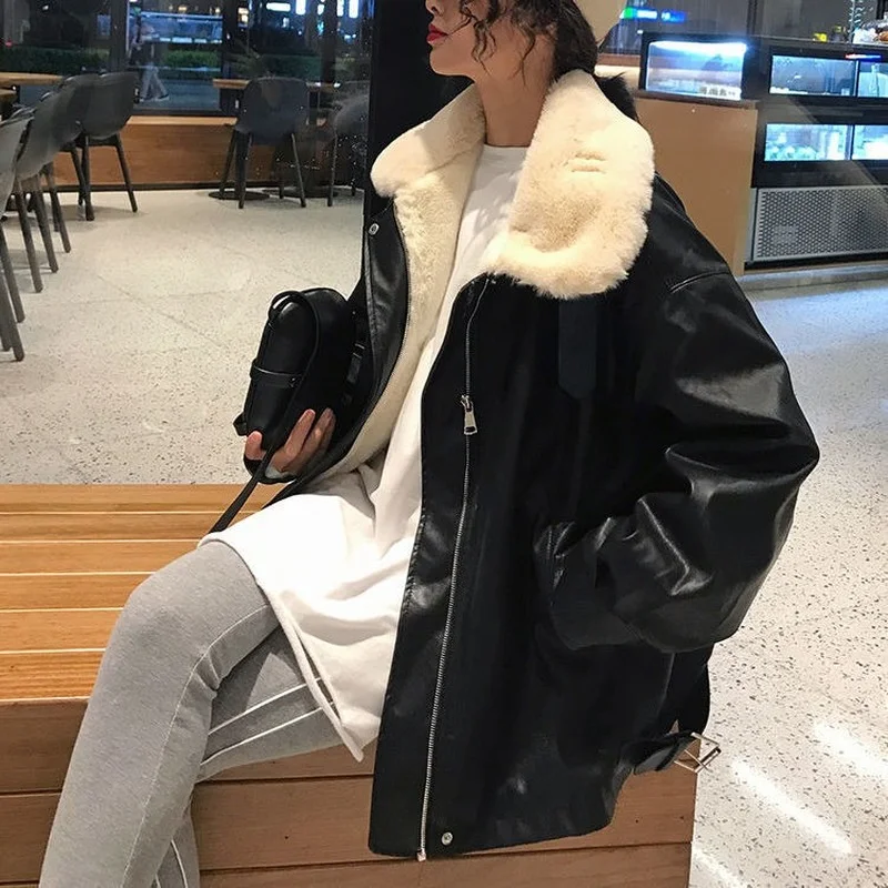 

Basic PU Jackets Women Fur Collar Designer Pockets Patchwork All-match Leisure Street Wear BF Coats Thickening Winter Keep Warm