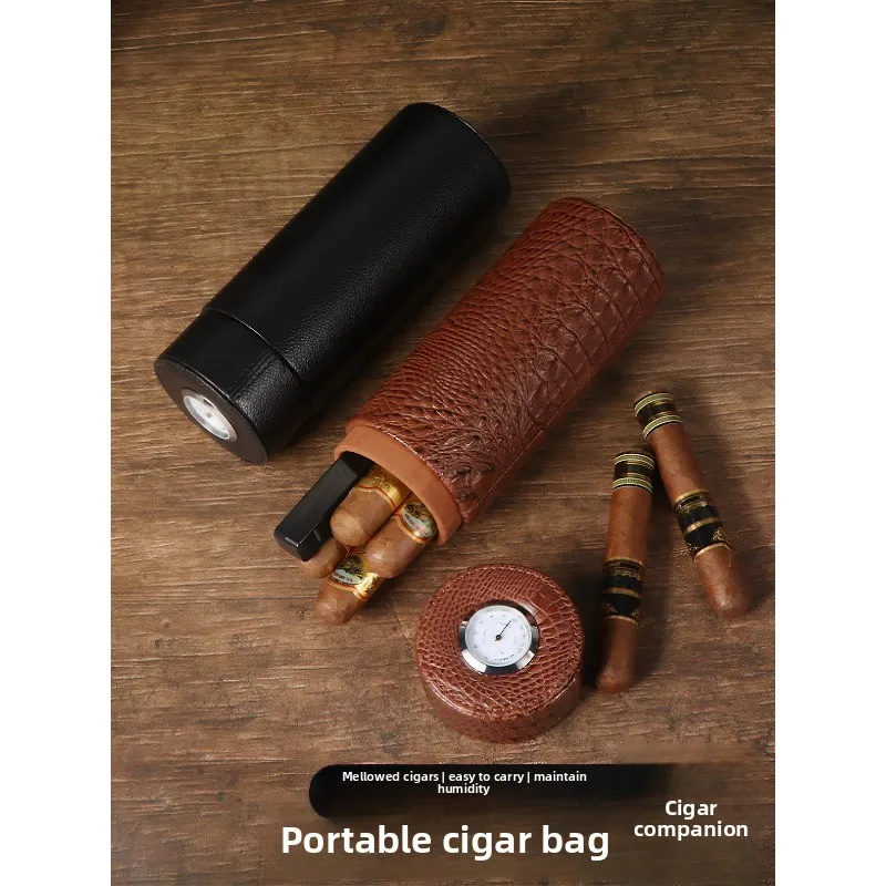 Leather Cigar Moisturizer Portable Sealed Moisture-proof Cigar Box with Hygrometer Alligator Pattern Cigar Holder