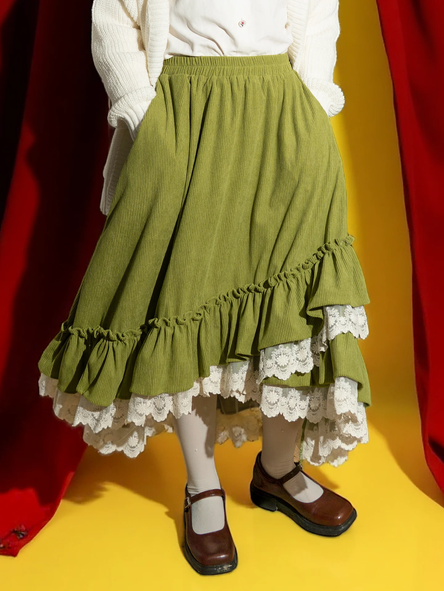 

TIYIHAILEY-Long Mid-Calf Cotton Corduroy Skirts Women, Elastic Skirts, Winter Autumn,New Fashion, 2025 Lace Patchwork Green