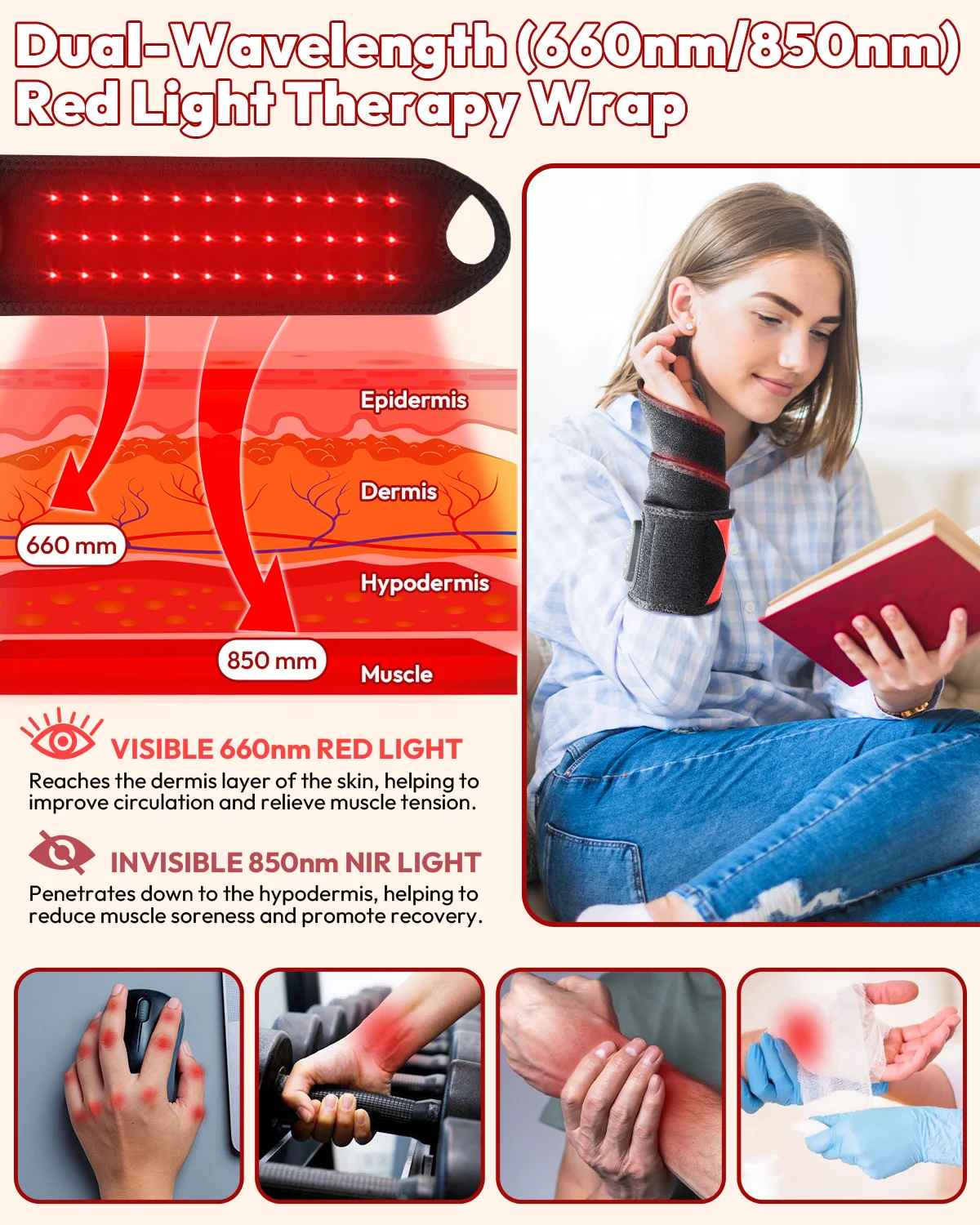 Red Light Therapy Wrap for Body Hands, Wearable Infrared Heating Pad with Vibration, Cordless Heated Wrist Massager, 36 LEDs