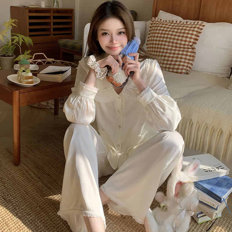 

Нежный пижамный комплект с воротником-стойкой из ледяного шелка и атласа, 2 предмета: женская ночная одежда, комплект с длинными рукавами и брюками, домашняя одежда для отдыха