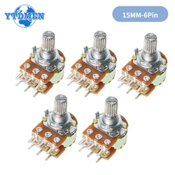 5PCS WH148 B1K B2K B5K B10K B20K B50K B100K B500K 6 Pin Shaft 15mm Amplifier Dual Stereo Potentiometer 10K 1K 5K 50K 100K 1M Ohm
