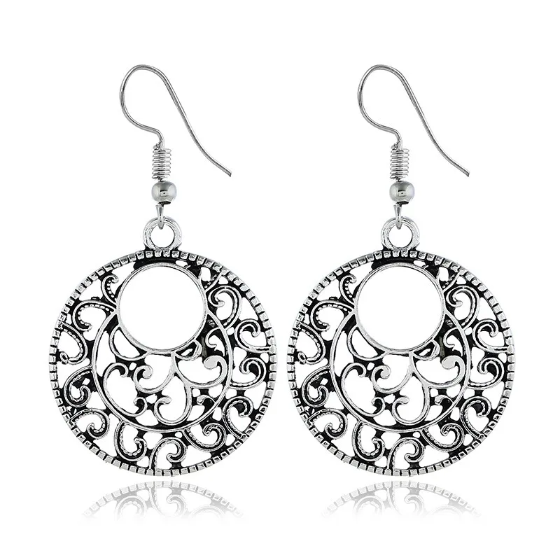 العصرية مجوهرات البوهيمي خمر العرقية التبتية الفضة طويلة كبيرة الجوف جولة انخفاض القرط منحوتة الزهور استرخى أقراط النساء