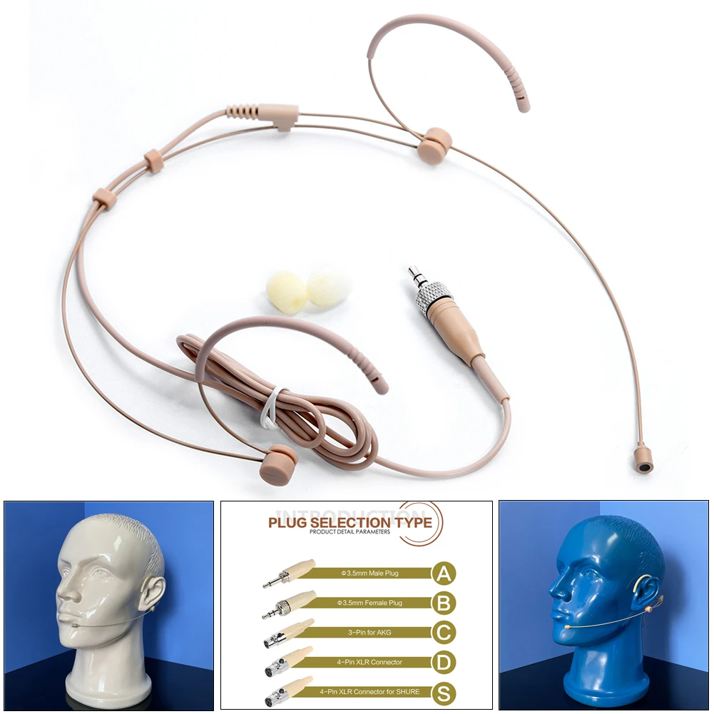 

Бежевый двойной наушник с микрофоном, гарнитура с микрофоном 3,5 мм, 3 контакта, 4 контакта, разъем XLR, головной микрофон, портативный аудио и видео с чехлами для микрофона