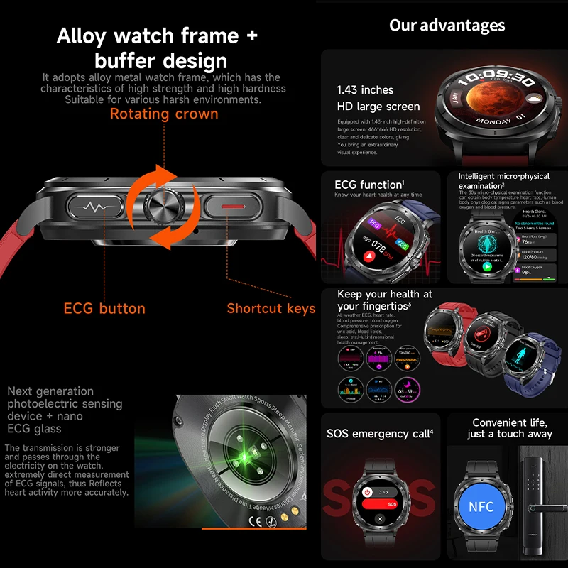 2026 حار نموذج ECG تسجيل ساعة ذكية ضغط الدم الأكسجين في الدم حمض اليوريك درجة الحرارة رسالة موجه NFC التحكم Smartwatch