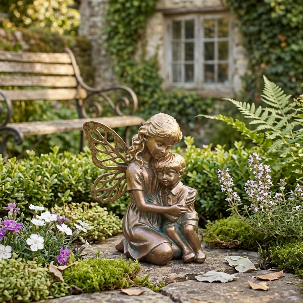 Decorative Figurine Resin Siblings Sitting Statue for Garden Home Decor Vintage European Style Antique Copper Ornament Durable