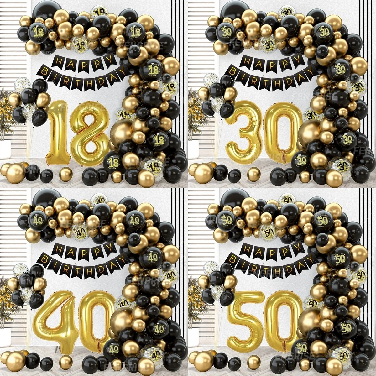 Black Gold Birthday Balloon Garland Arch Kit Banner 18th 30th 40th 50th Birthday Decorations Set Adult Confetti Latex Baloons