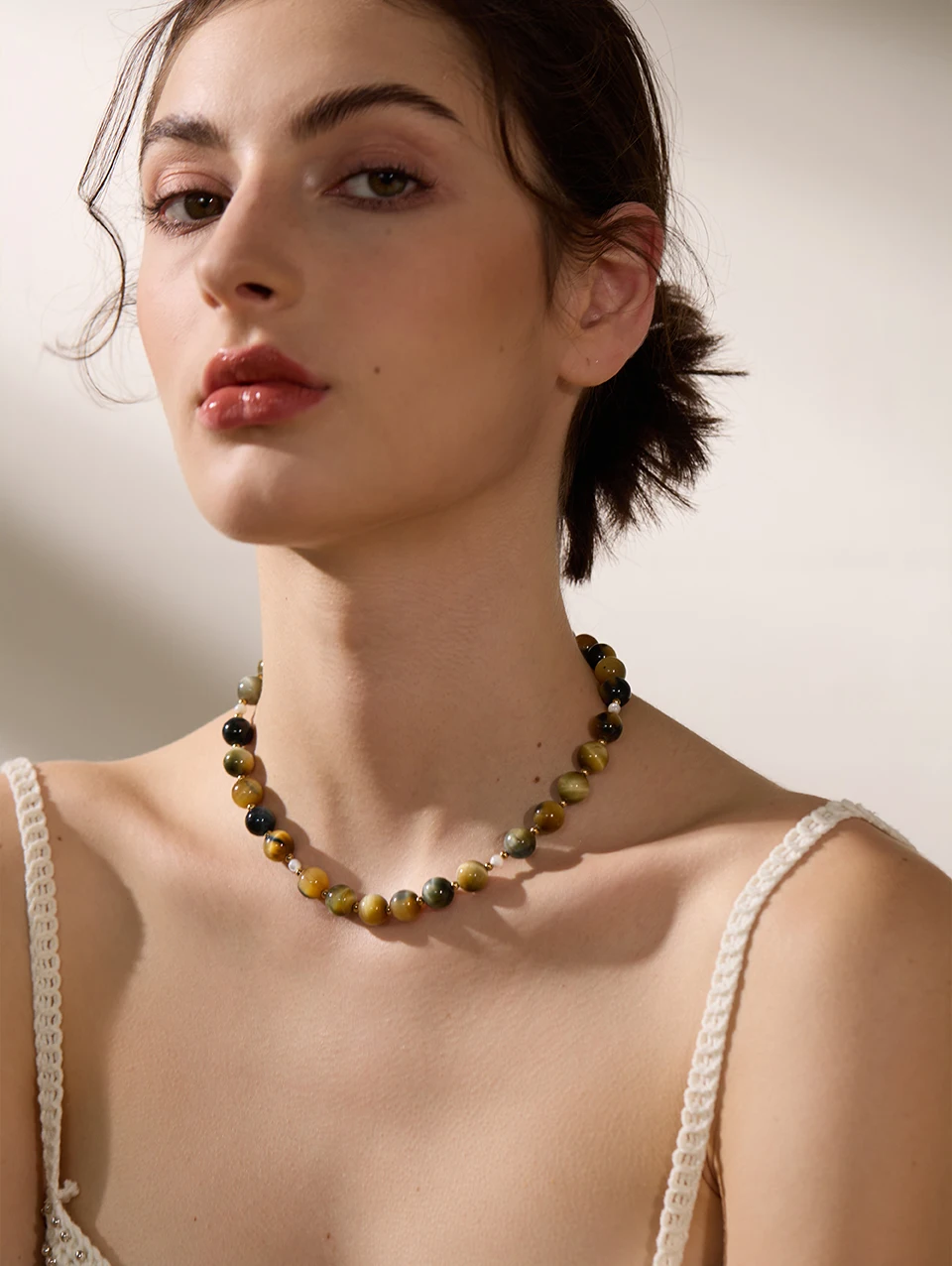 Yhpup Maillard Naturstein Tiger Runde Perlen Kette Kragen Halskette Edelstahl Handgefertigter Schmuck Wasserdicht für Frauen Geschenk – Detail 1