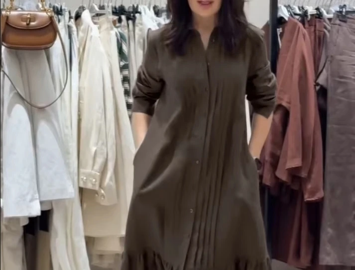 Casual Long Sleeve Button Down Slit Shirt Dress,Button Down Style with Pleated Detailing and Side Slit,Perfect for Various Daily