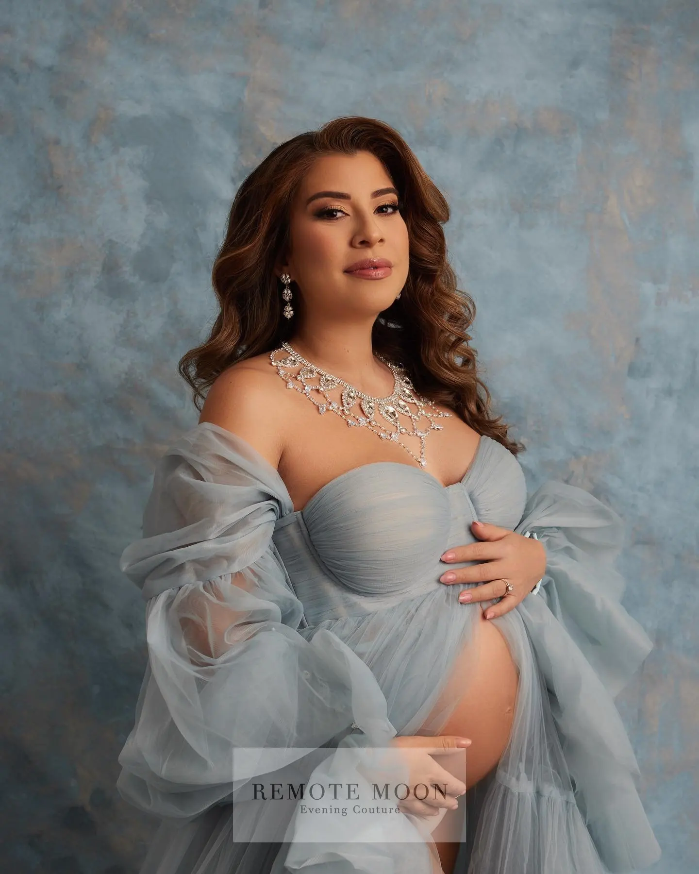 Remote Moon Elegant Off Shoulder Ruffle Tulle A-line Maternity Dubai Evening Dress Saudi Arabic Formal Prom Gown Customize MN060