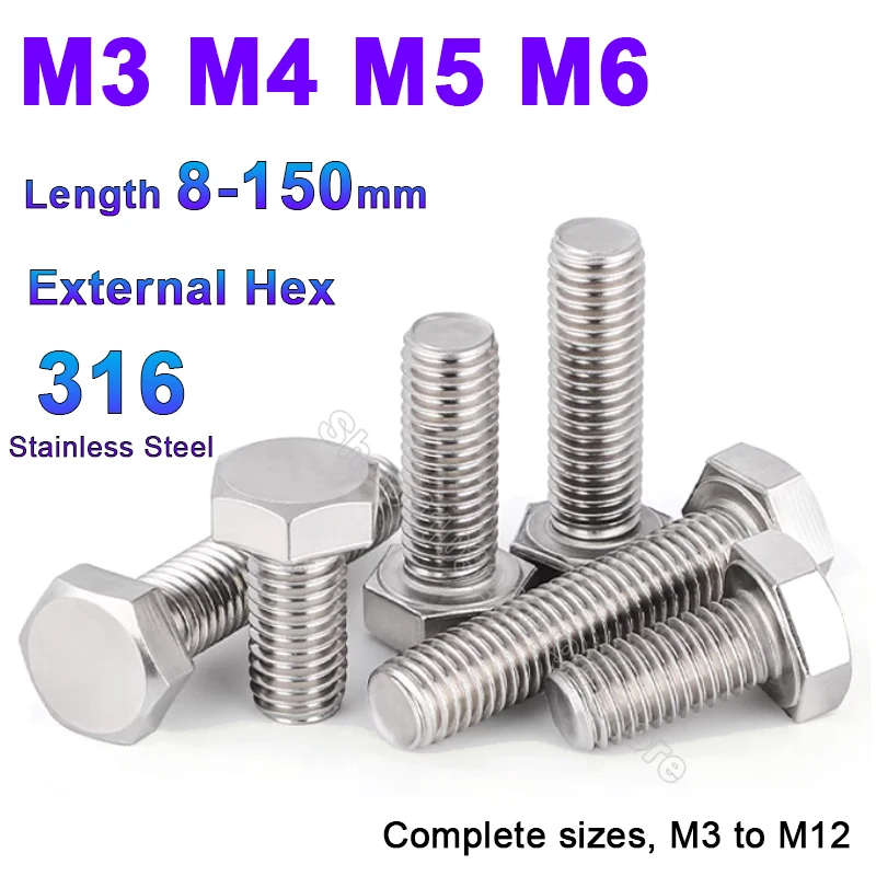1‑5Pcs DIN933 316 Stainless Steel Full Thread External Hex Head Bolts Metric Outside Outer Hexagon Screws M3 M4 M5 M6 L=8‑150mm