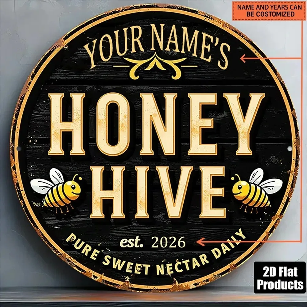 CIFbuy Round Honey Hive Metal Plaque,Personalized Custom Name Cute Bee Vintage Beekeeping Farm Wall Ornament (Only For Decoratio