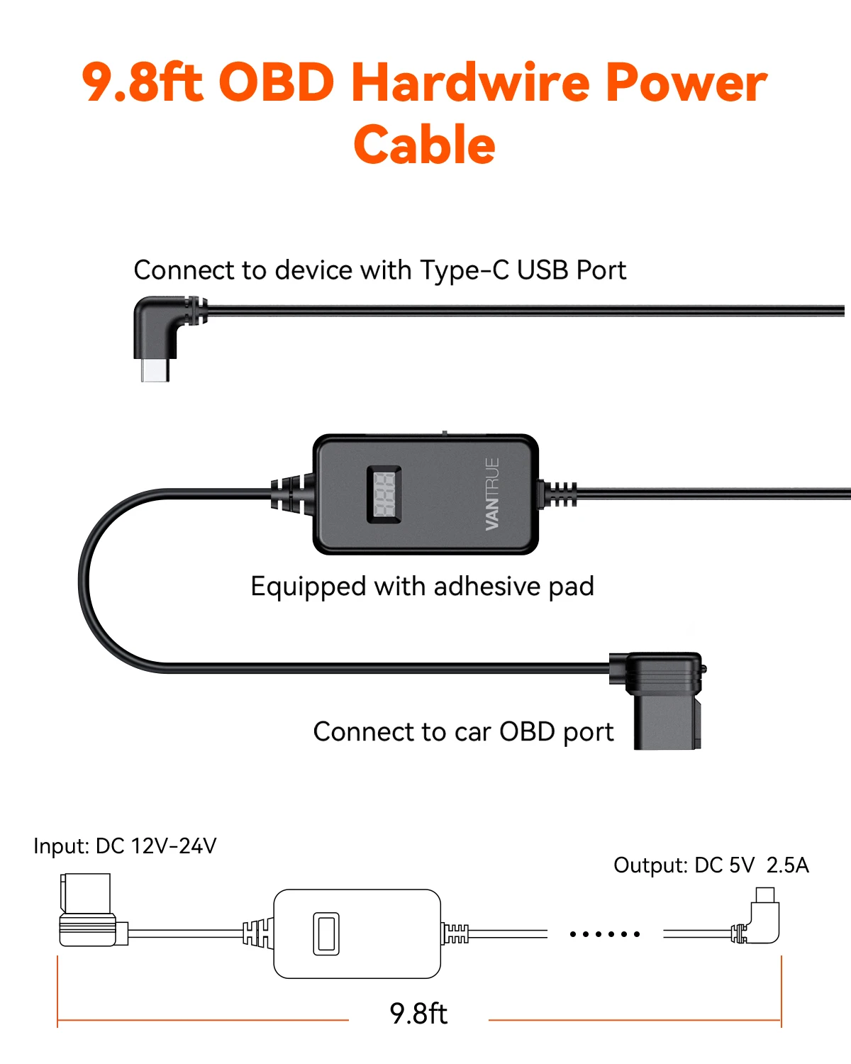 Vantrue 10ft Type C Usb Obd Hardwire Voedingskabel Met Led-Scherm, 3 Versnellingen Schakelen, Laagspanningsbeveiliging Voor Parkeermodus