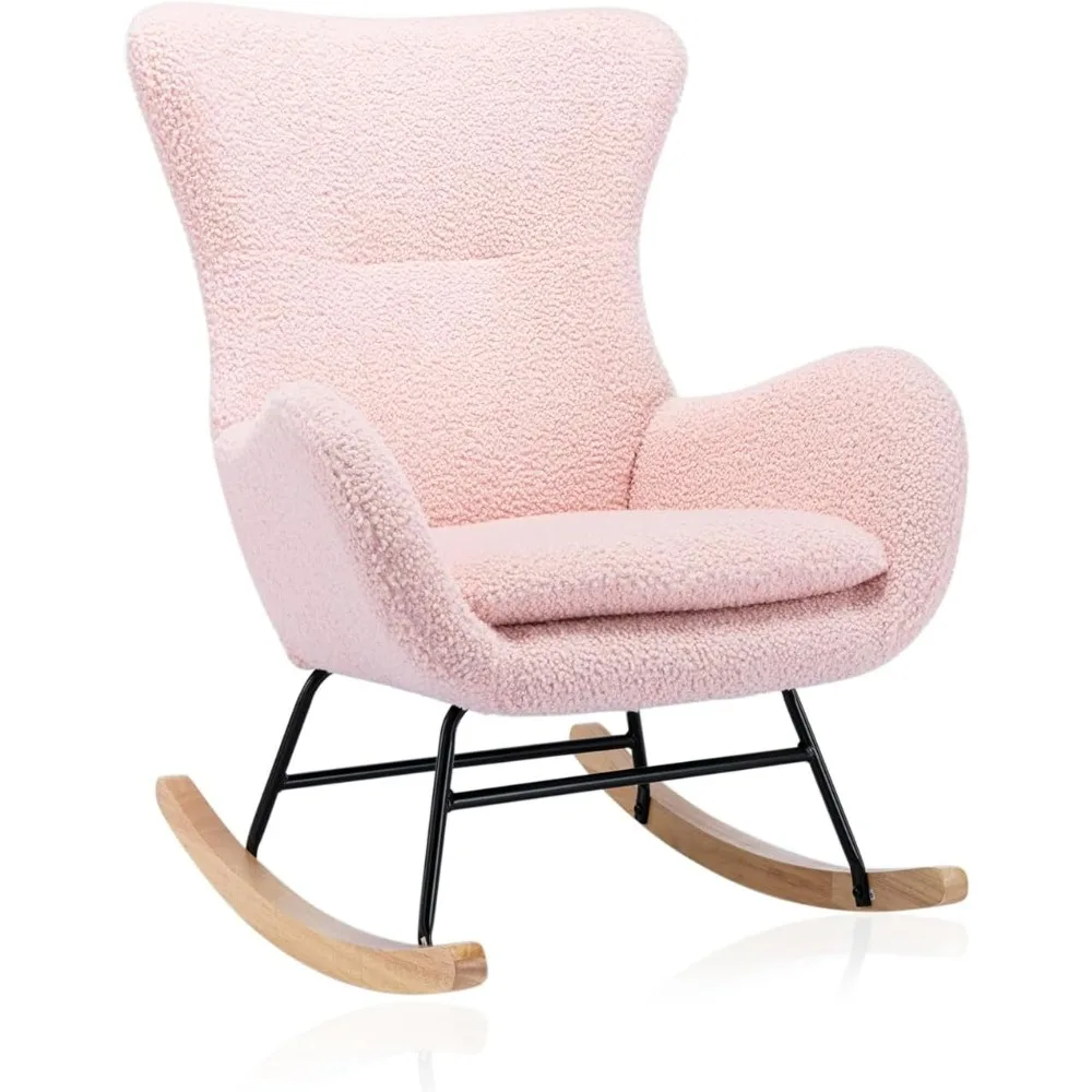 Baby rocking chair, high backrest and armrests, Teddy velvet cushion, suitable for baby daycare (pink)