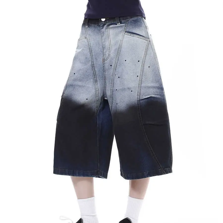 Men's Tie Dye Gradient Wide Leg Cropped Pants Vintage Summer Jeans Cool Boys Casual Vintage Bottom Male High Waist Denim Shorts