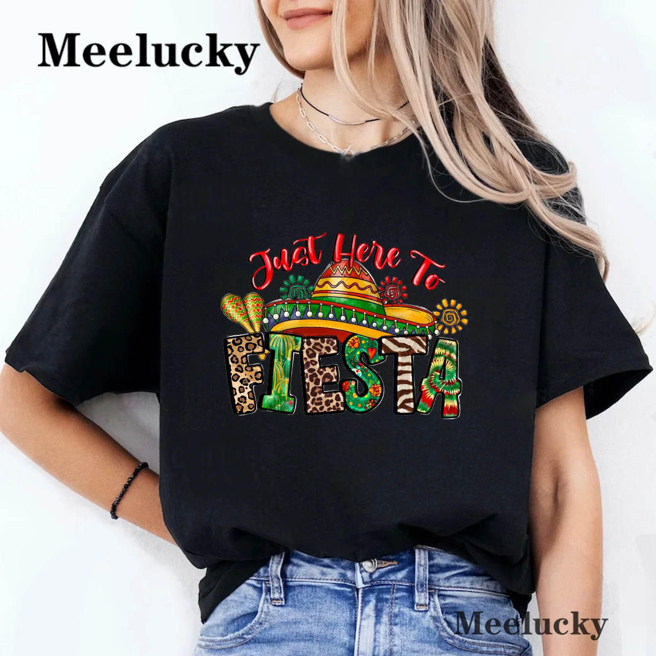 Just Here To Fiesta & Let's Fiesta Cow Funny Cow Graphic T Shirts for Women Clothing summer Cows Women's T Shirts