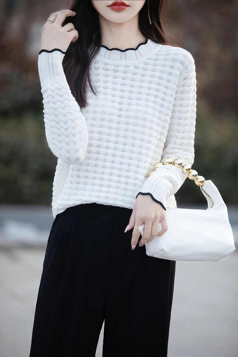 Spring new 100% pure cotton knitted lace ruffle collar with elegant and soft hollow design cuffs, unique women's round neck top