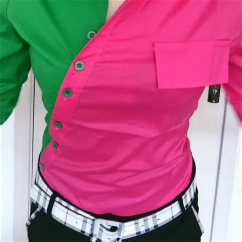 Kontrastowa koszula Bluzki damskie Wąska koszula Patchwork Top Casual Odzież damska Streetwear Długi rękaw Kardigan Guzik Bluza damska