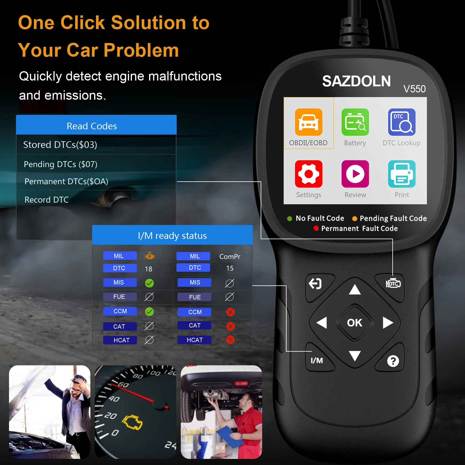 أداة تشخيص السيارة لـ SAZDOLN V550 12 فولت Obd2 الماسح الضوئي سيارة دراجة نارية واضح خطأ قارئ رمز البطارية اختبار الضباب الدخاني تحقق تقرير EOBD
