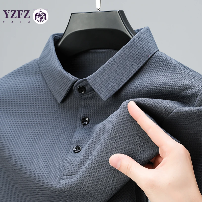 Men's Business Casual Lapel Long Sleeved T-shirt Comfortable All Season Pure Cotton Top