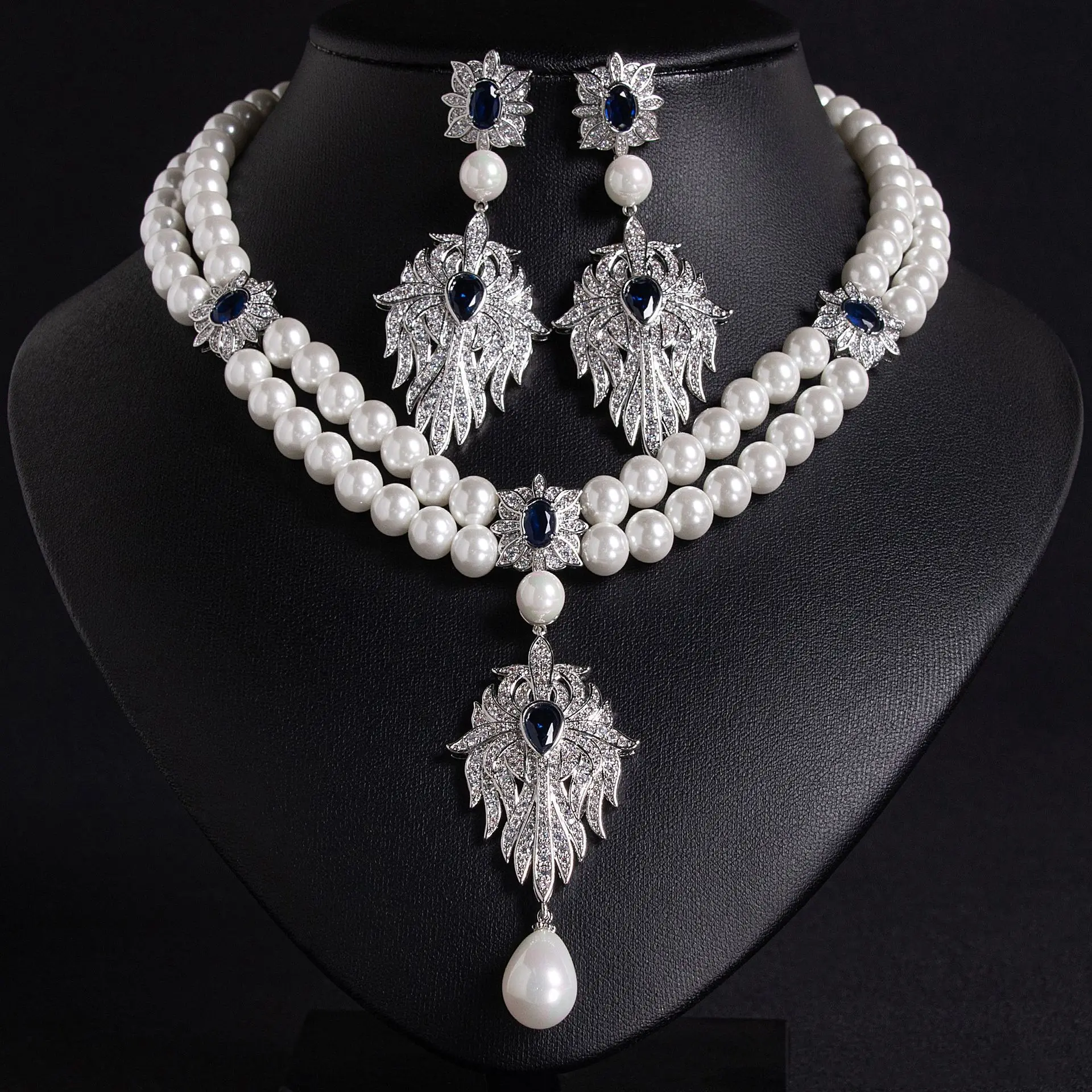 Moda de alta qualidade multi camadas pérolas maple leaf colar brincos 2 pçs conjunto jóias feminino festa casamento baile presente M-535