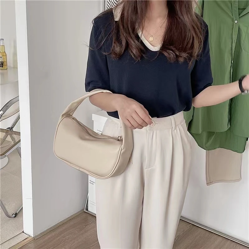 Plain color simple fashion soft leather tote bag all-around girl bag commuting date daily armpit bag small dumpling bag