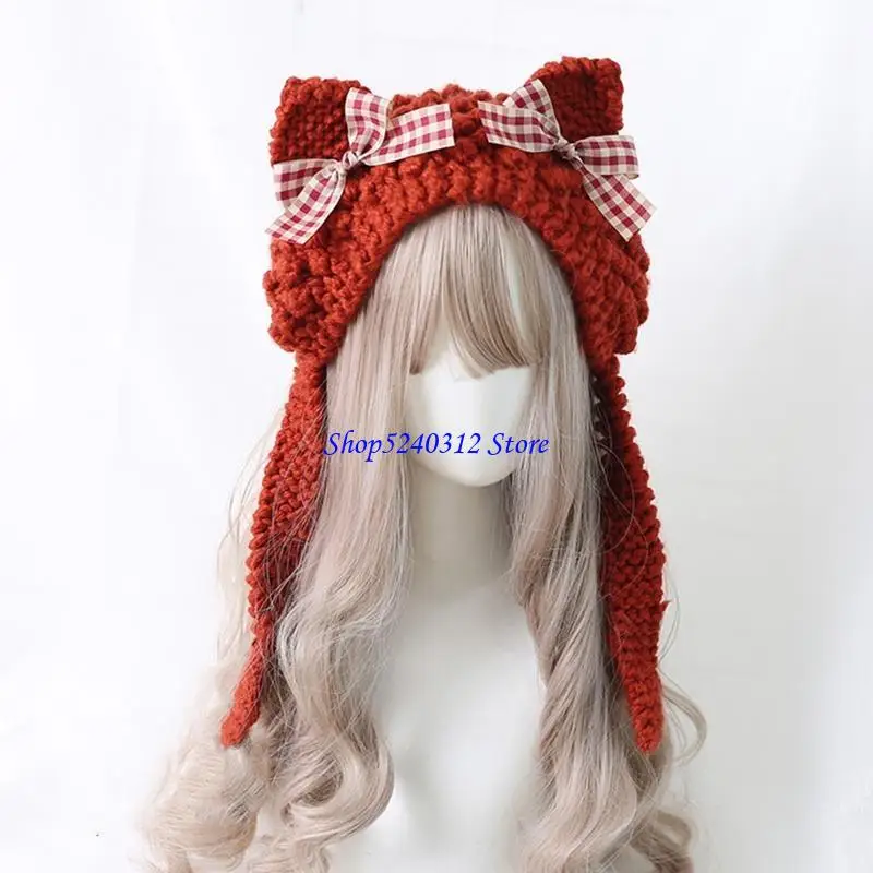 

634C Мультяшная шапка Вязаные кошачьи уши Шапки Симпатичная вязаная шапка-бини Зимняя шапка-ушанка