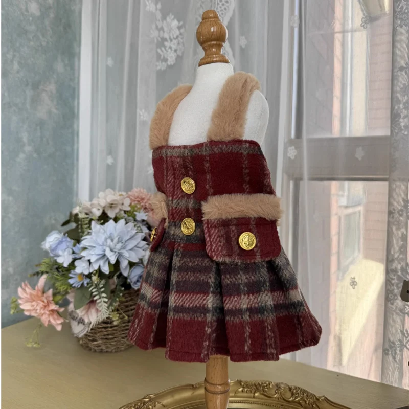 Retro Wine Red Woolen Grid Skirts Puppy Dog Cat Clothing Winter Plush Warm Sling Dresses For Small Medium Dog Poodle Pet Clothes