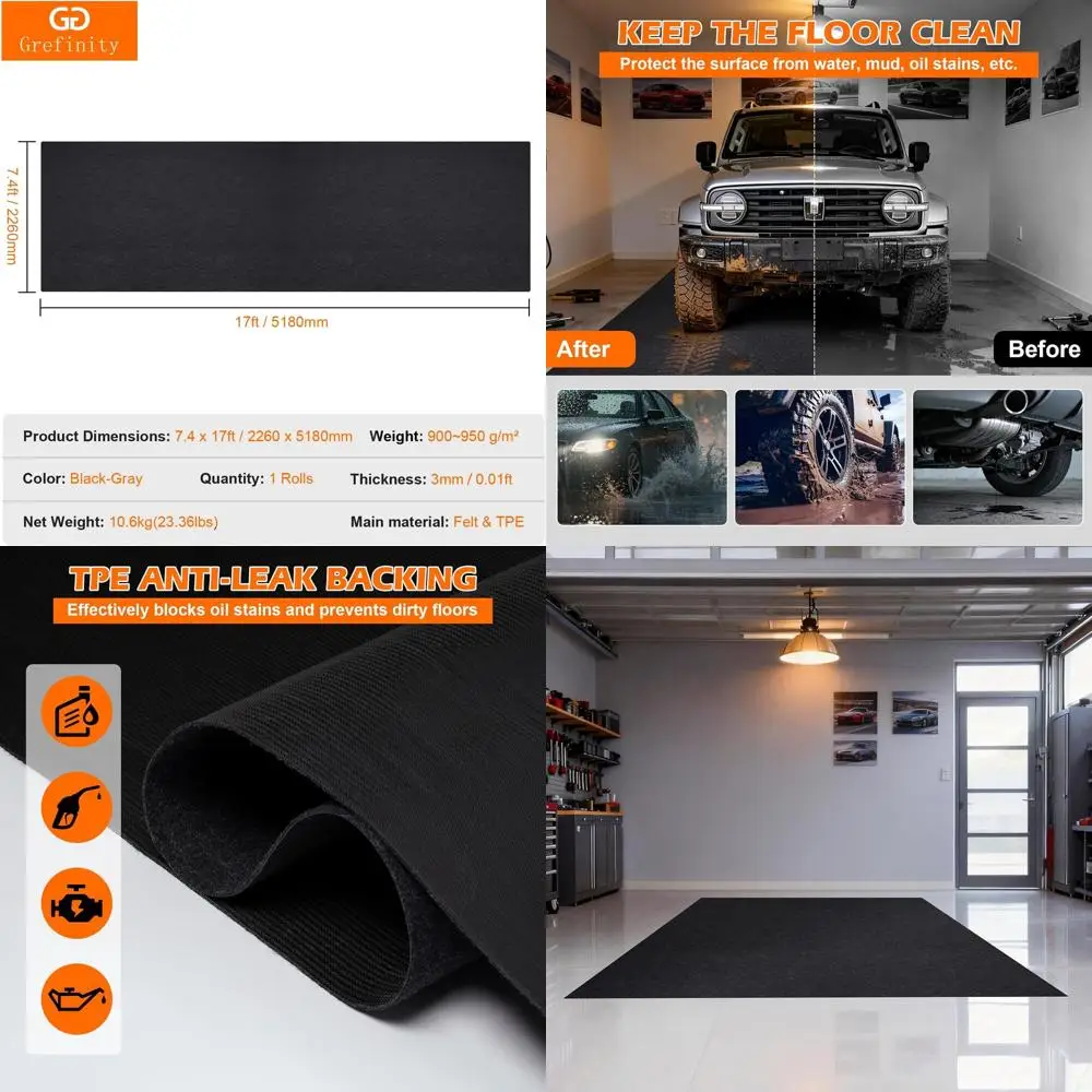 

Heavy-Duty Garage Floor Mat, 17' x 7.4', Protects Against Oil, Chemicals, and Stains with TPE Leak-Proof Backing, Reusable and W