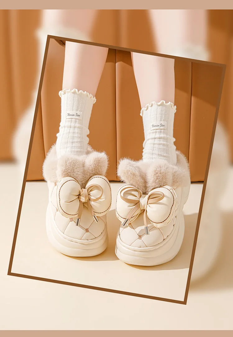 8 cm hohe Pantoffeln für Damen, klobige Plattform, Winter, pelzige Schleifenschuhe, Damen-Hausschuhe aus Kaninchenfell, wasserdichte Hasen-Mules, Clog-Schuhe – Detail 12