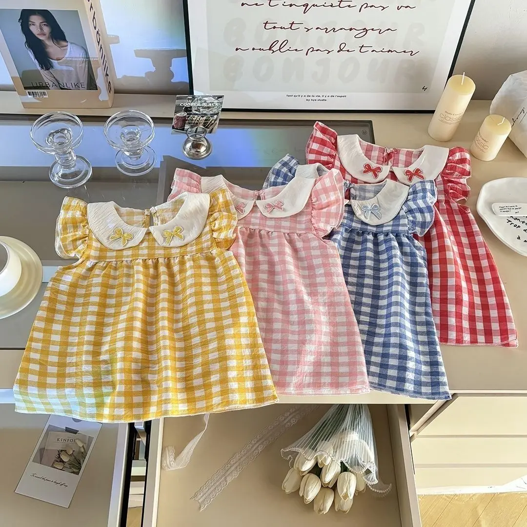 Girls Gingham Print Dress with Peter Pan Collar Bows Cute Short Sleeve Sundress for Little Girls Multiple Colors To Choose From