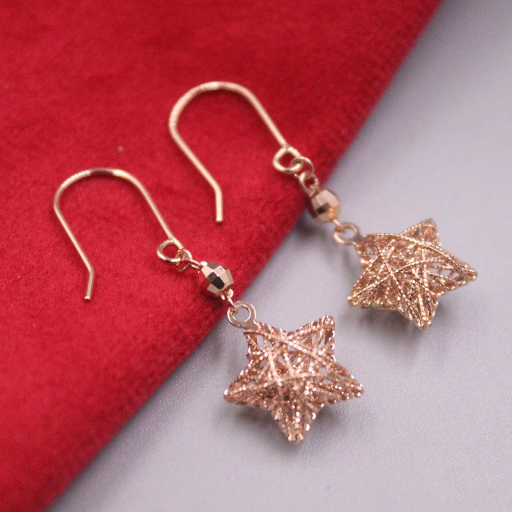 Au750 Real 18K Rose Gold Women Lucky Hollow Star Dangle Earrings 2.2-2.3g