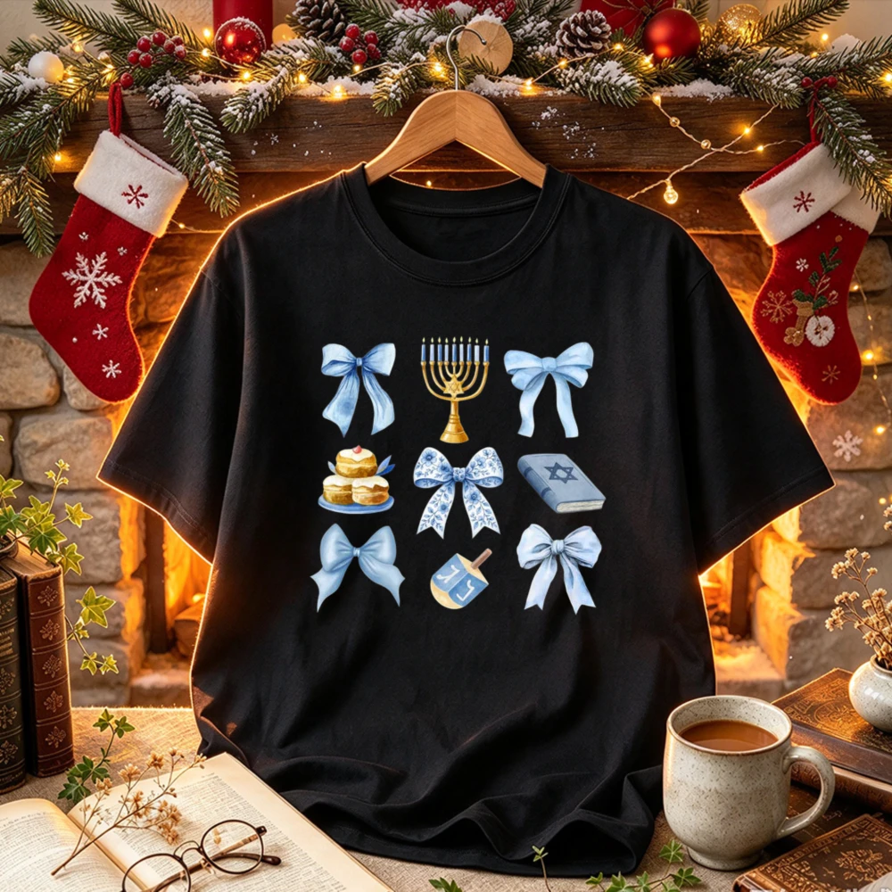 Coquette Hanukkah Blue Bows Menorah Dreidel Pastry Torah Book Graphic Cute Aesthetic Jewish Festival of Lights Holiday T-Shirt