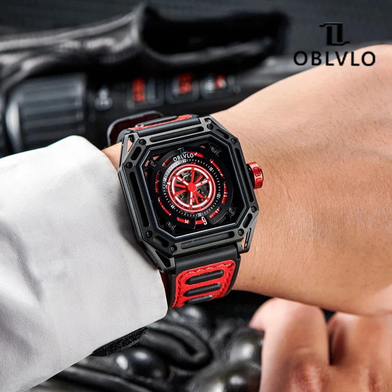 OBLVLO Square Men Sport Watch Self-wind Mechanical Automatic Watch Sapphire Glass Waterproof Clock Rubber Strap Skeleton Watches