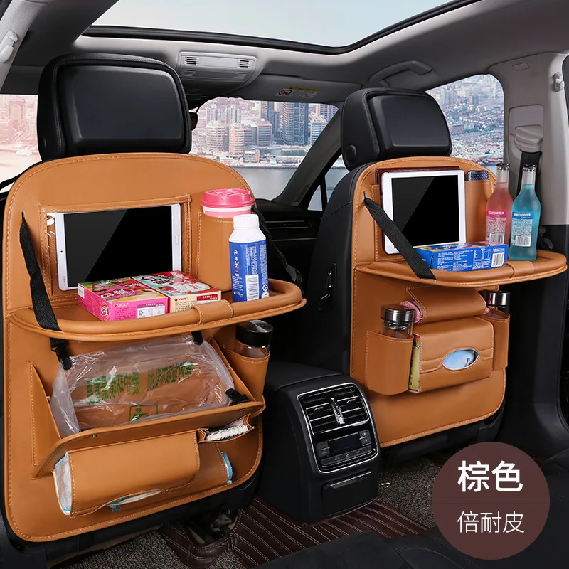 

Car Seat Back Organizer with Foldable Table Tray PU Leather Storage Organizer Pockets Kick Mats Seat Interior Accessories