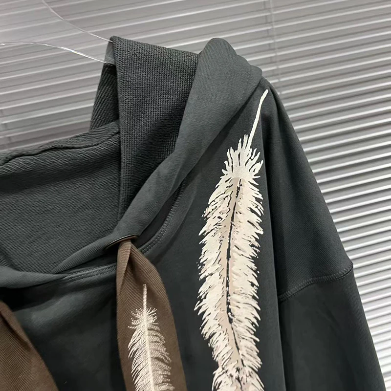 KBQ Hit Color Printing Loose Spliced Lace Up Sweatshirt for Women Hooded Long Sleeve Chic Casual Sweatshirts Female Fashion New