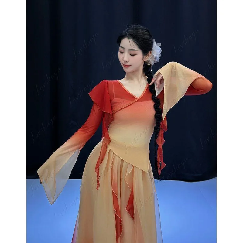 

Elegant Sheer Chiffon Classical Dance Wear Female Chinese Folk Dance Body Rhythm Training Daily Practice Performance Costume