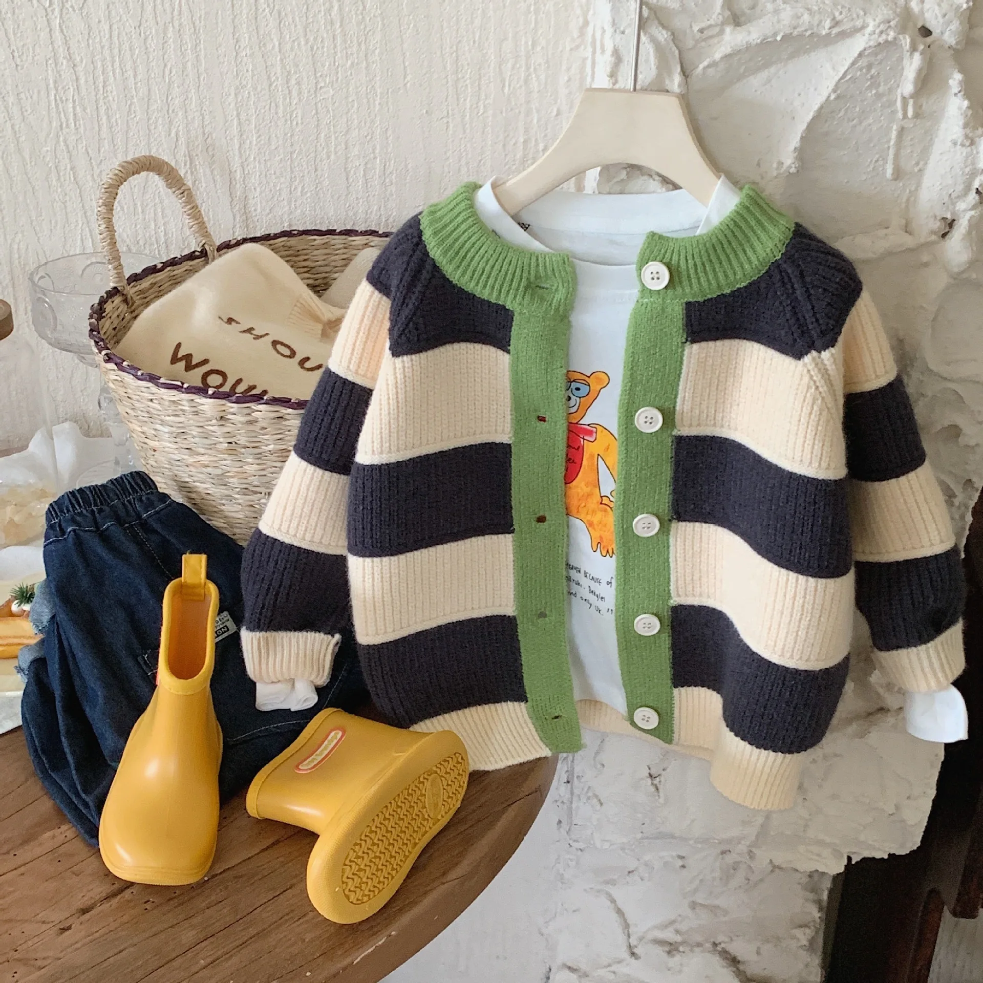UNITIM Autumn Winter Children Boys Sweater 2-8Yrs Kids Boys Contrast Striped Cardigan Jacquard V Neck Toddler Boys Knitwear Coat