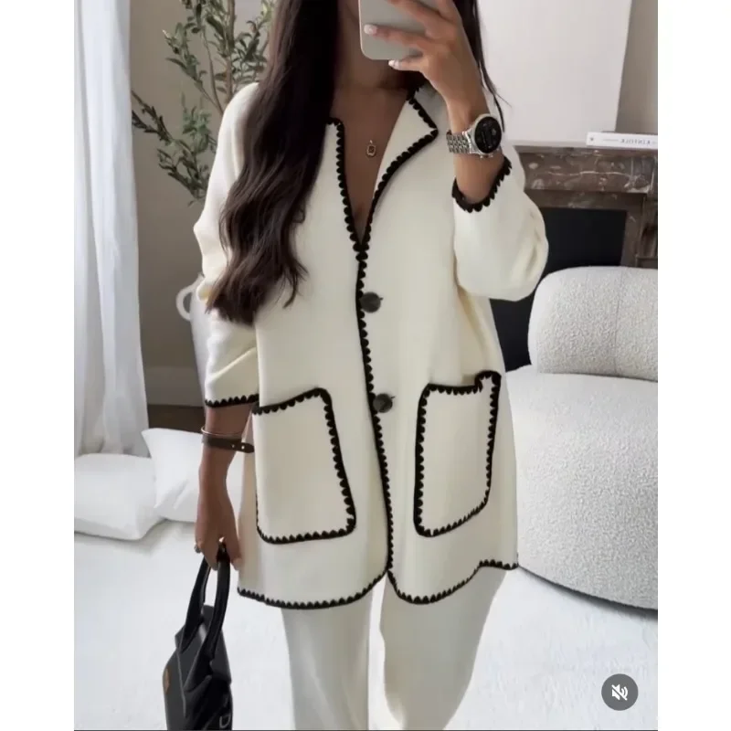 Elegant Chic Female 2024 Fashion Long Sleeve Pocket Coat Loose Pants Suit Outfits Streetwear Autumn Women Woolen Two Piece Set