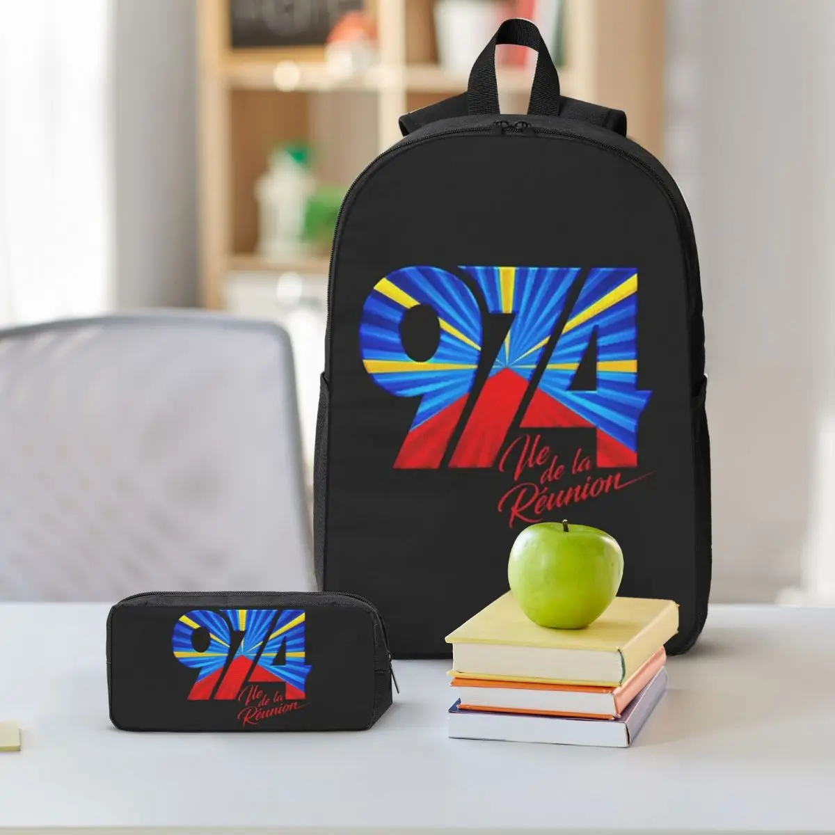 974 Reunion Island Flag Backpack Boys Girls BookBag School Bag Shoulder Bags 3ps Insulated Lunch Bag Pencil Case