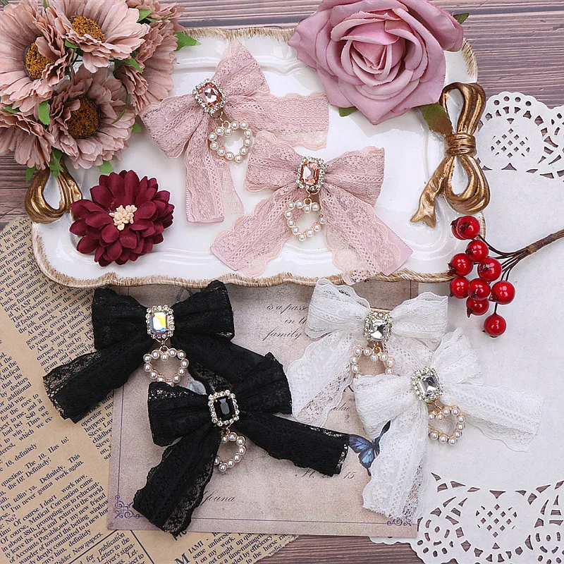 

1 Pair Larme Kei Doll-like Hairpin Crystal Big Hair Bows y2k Accessories Lace Hair Clips Girl Jirai Hair Clips Heart Pendant
