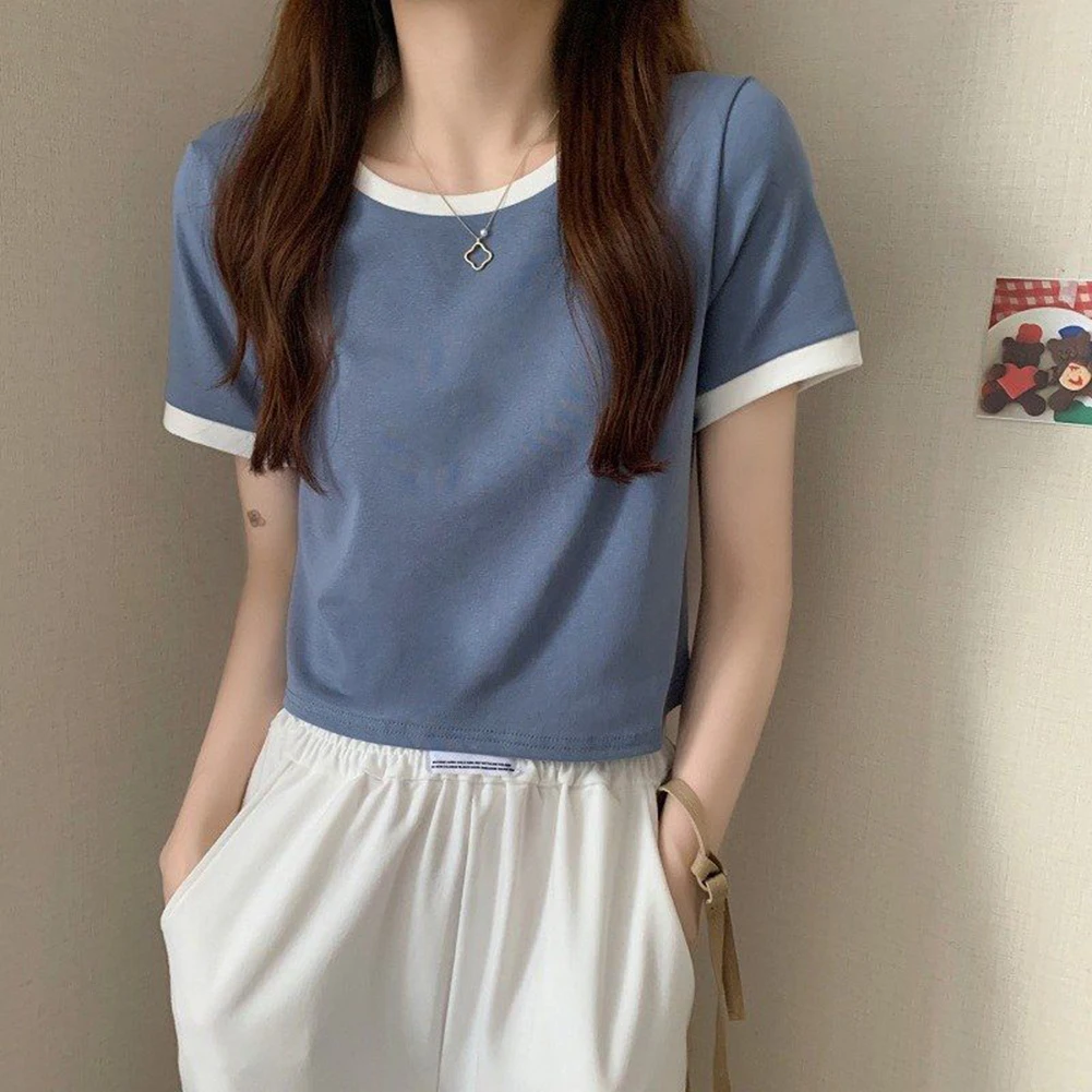 2XL Short Sleeve Tops Basic Contrast Color Tops For Women School Uniform Basic Style Brand New Condition Crew Neck Design