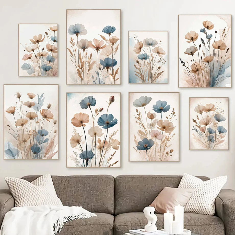 Póster de Arte Botánico Minimalista con Flores Silvestres Azules y Beige Vintage, Impresión en Lienzo para Decoración de Pared, Cuadro para Sala de Estar