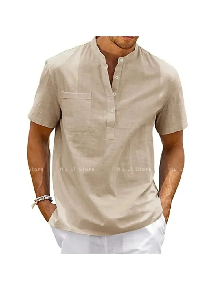 Cotton Linen Shirt Men Henley Neck Pocket Casual Beach Short Sleeve Solid Color Male Tops T-shirts Vintage Streetwear