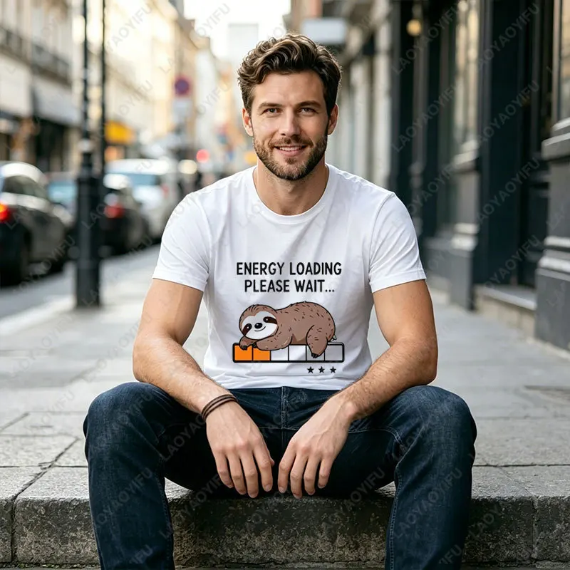Humor Programmer Funny Graphic T-shirt with Sloth Loading Bar Desgin 100% Cotton Short Sleeve Casual Outdoor Tshirt Daily Wear