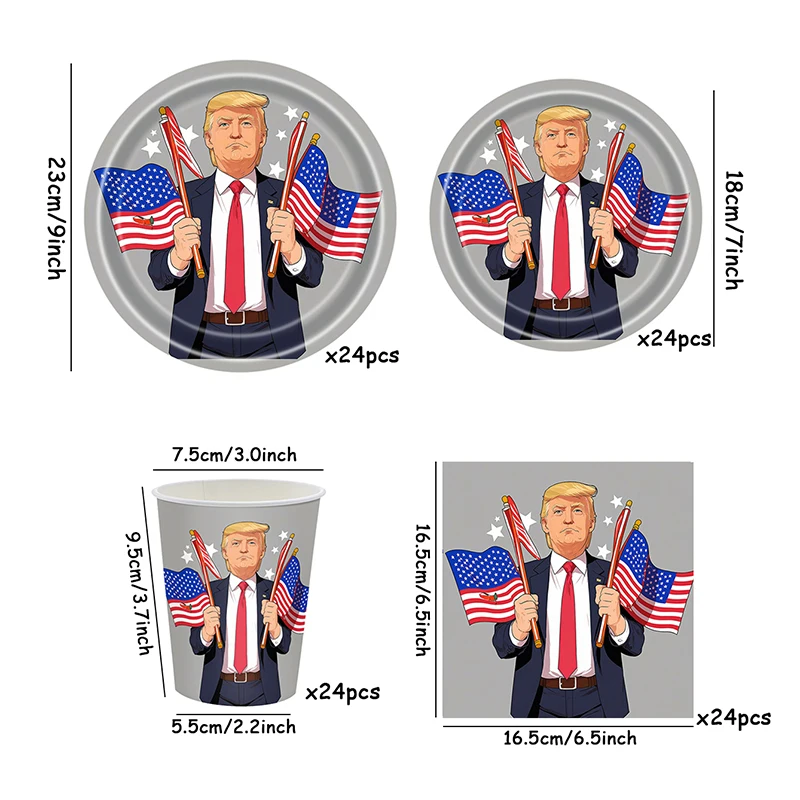 24pcs Trump - Birthday Party Paper Plate 7/9inches Cups Napkin with American flag and Trump Disposable tableware relief artwork