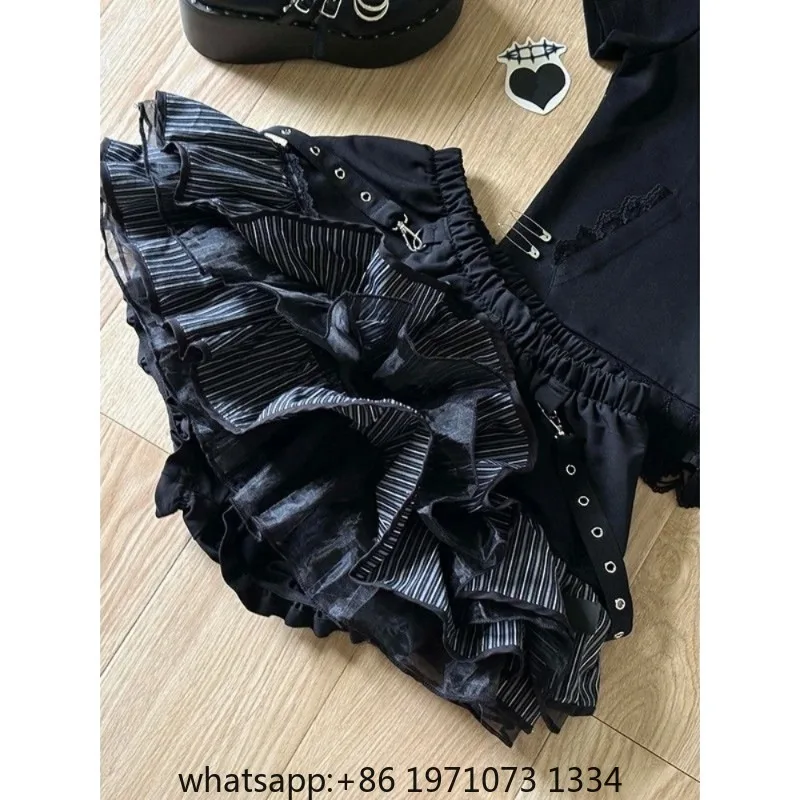 Harajuku Girls Stripe Punk Grunge Skirts Women Y2k Aesthetic High Waist Cake Mini Streetwear Lace Vintage Kawaii Mini Jupe