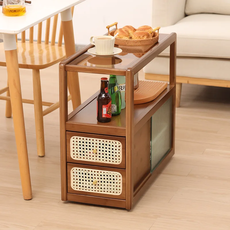 Japanese-style glass movable side table, rattan woven sofa side cabinet, side cabinet, living room walnut small coffee table