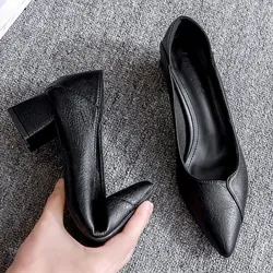 Pumps Women Shoes Shallow Chunky Heeled Pointed Toe Ladies Shoe Platform Soft Leather Slip on Women's Fashion Dress Office 2023