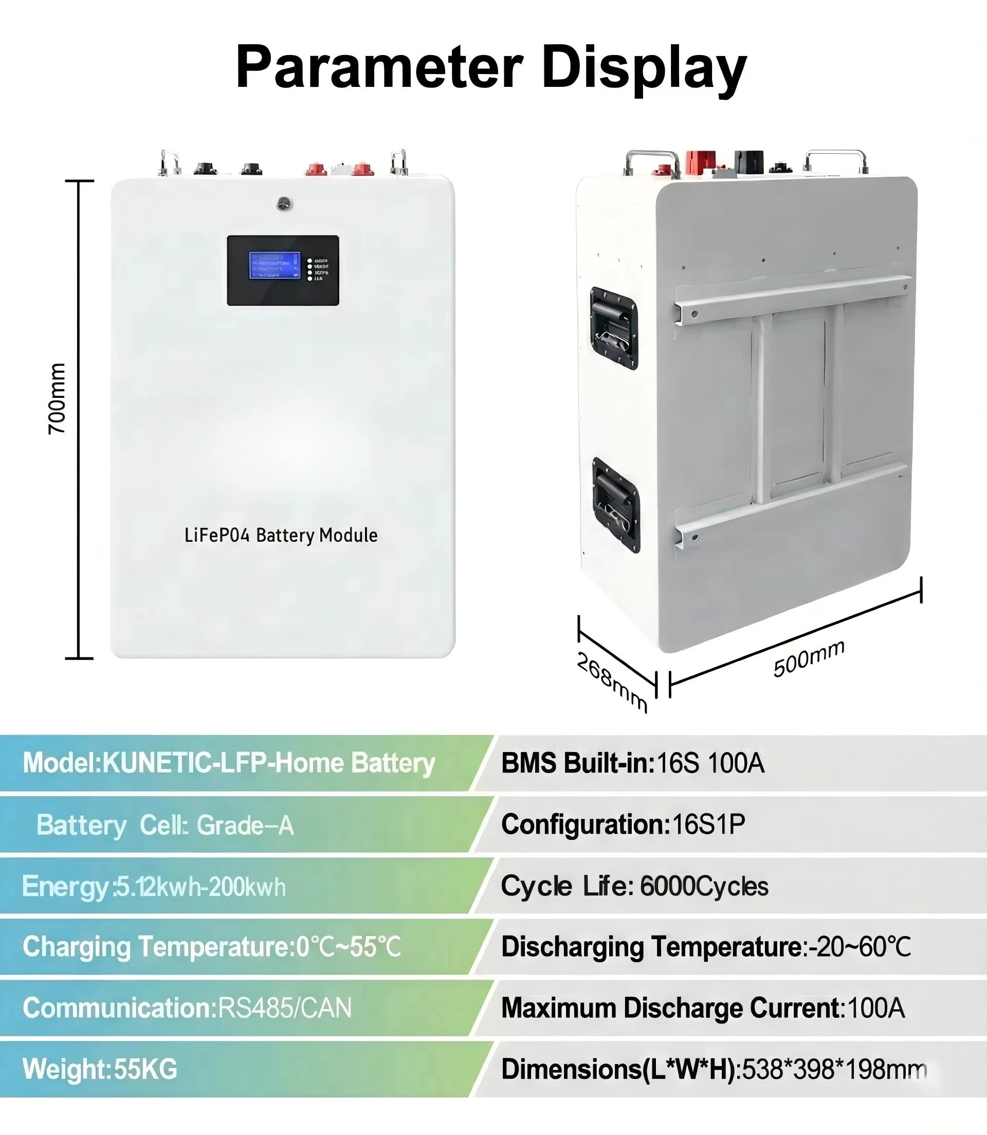 

5,12 кВтч, 51,2 В, 100 Ач LiFePO4, настенное крепление, аккумулятор Plug & Play, домашнее хранение, длительный срок службы, жилое солнечное резервное питание
